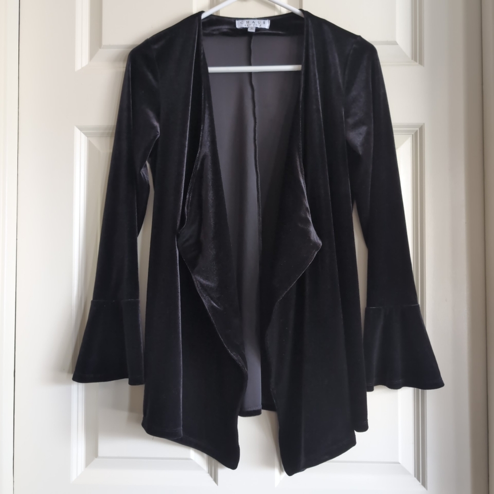 Black velvet witchy whimsigoth bell sleeve open front waterfall hem top